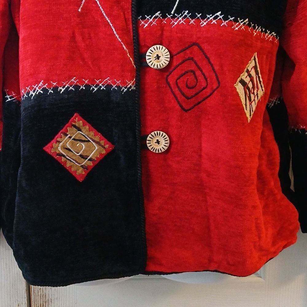 Vintage Allure Patchwork Button Down Jacket Red B… - image 2